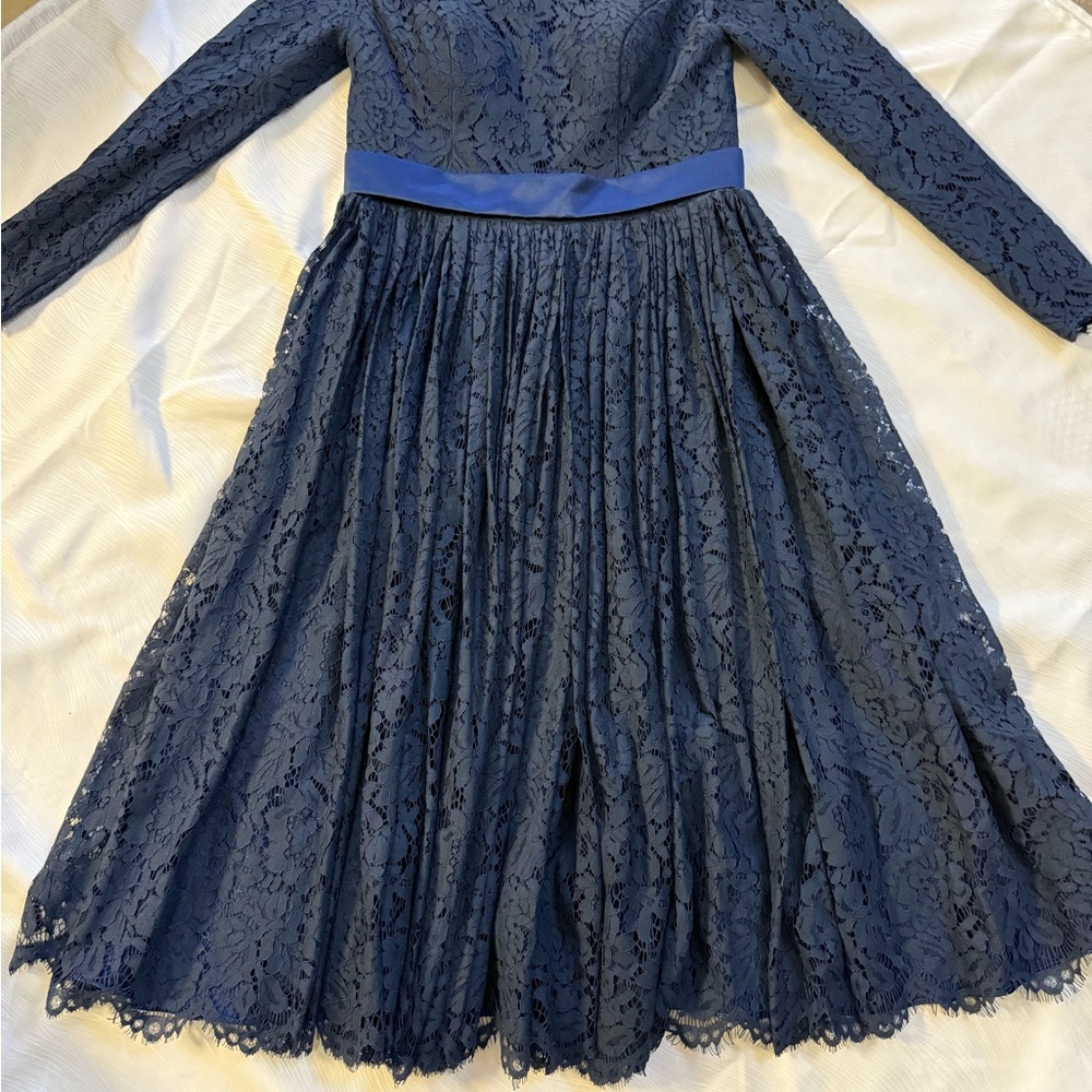 Navy Blue Lace Overlay Satin Lining & Waist Formal Fit & Flare Evening Gown